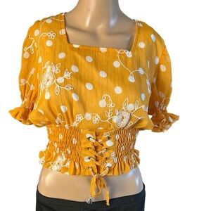 Sexy Cropped,top, polka dot,lace up,smocked,puffed sleeves,frill,retro EC